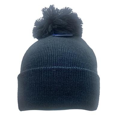 POLYLANA KNITTED BOBBLE BEANIE WITH TURN UP in Navy