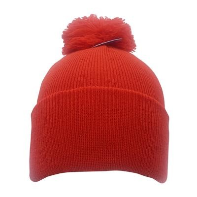 POLYLANA KNITTED BOBBLE BEANIE WITH TURN UP in Red