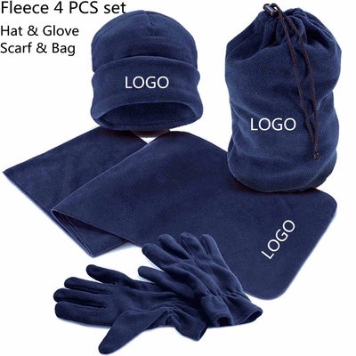 WINTER FLEECE HAT GLOVES SCARF BAG 4 PCS SET - PROMOTIONAL CORPORATE GIFT