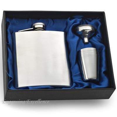 6OZ HIP FLASK in Blue Satin Lined Gift Box with Cup