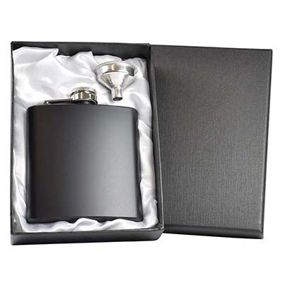 6OZ HIP FLASK in Matt Black with Funnel in Silver Satin Lined Gift Box
