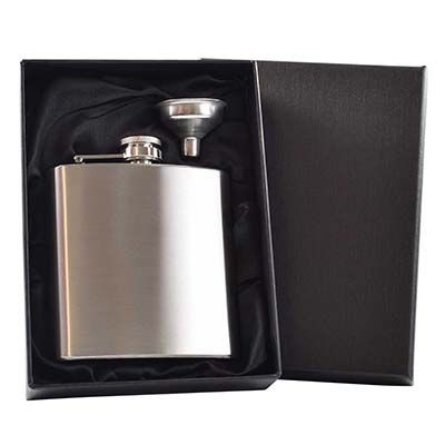 6OZ HIP FLASK in Silver with Funnel in Black Satin Lined Gift Box