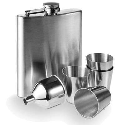 7OZ SILVER STAINLESS STEEL METAL HIP FLASK SET in Gift Box