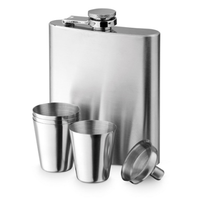 NOVAK STAINLESS STEEL METAL BOTTLE AND GLASSES SET 200 ML in Silver