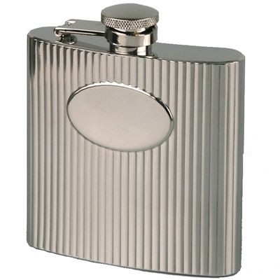 RIBBED 6OZ SILVER STAINLESS STEEL METAL HIP FLASK with Oval Panel