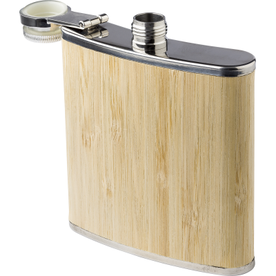 STAINLESS STEEL METAL AND BAMBOO HIP FLASK in Brown