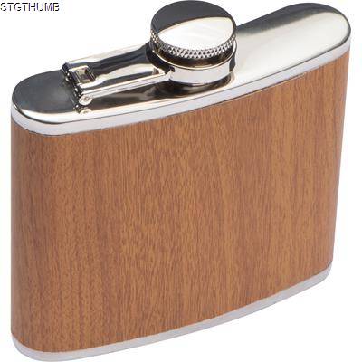 STAINLESS STEEL METAL HIP FLASK with Wood Coating in Brown
