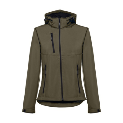 THC ZAGREB LADIES LADIES SOFTSHELL JACKET with Detachable Hood & Rounded Back Hem - L in Army Green