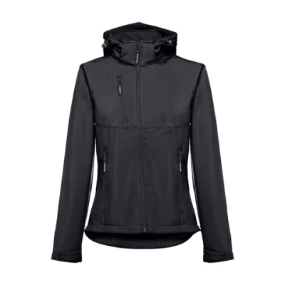 THC ZAGREB LADIES LADIES SOFTSHELL JACKET with Detachable Hood & Rounded Back Hem - L in Black