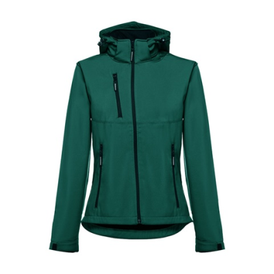 THC ZAGREB LADIES LADIES SOFTSHELL JACKET with Detachable Hood & Rounded Back Hem - L in Dark Green