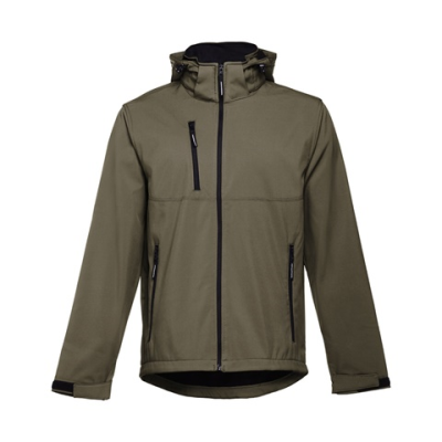 THC ZAGREB MENS SOFTSHELL JACKET with Detachable Hood & Rounded Back Hem - L in Army Green
