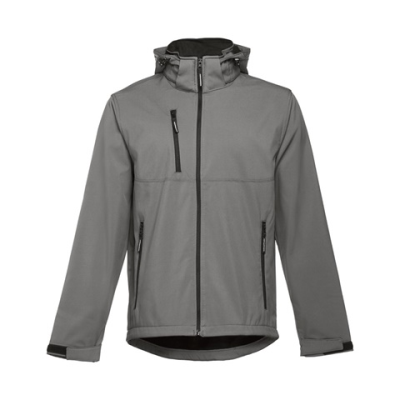 THC ZAGREB MENS SOFTSHELL JACKET with Detachable Hood & Rounded Back Hem - L in Grey