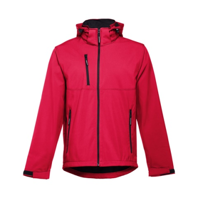 THC ZAGREB MENS SOFTSHELL JACKET with Detachable Hood & Rounded Back Hem - S in Red