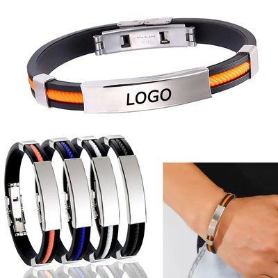 COLORFUL SILICONE BRACELET STAINLESS STEEL METAL SILVER PLATING