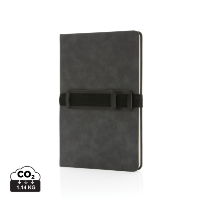 DELUXE HARDCOVER PU NOTE BOOK A5 with Phone & Pen Holder in Grey
