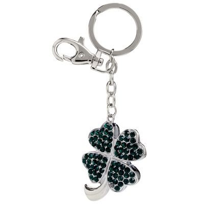 CLOVER LEAF METAL KEYRING with Dark Green Crystals