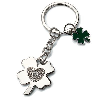CLOVER LEAF SILVER CHROME METAL KEYRING with Crystals