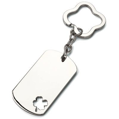 DOG TAG SILVER METAL KEYRING with Cloverleaf Cutout