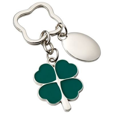FOUR LEAF CLOVER METAL KEYRING in Silver & Green