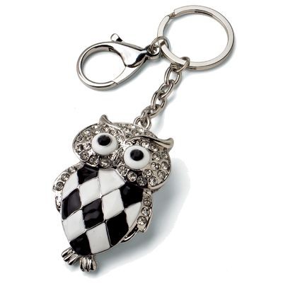 LARGE OWL METAL KEYRING in Black & White with Crystals