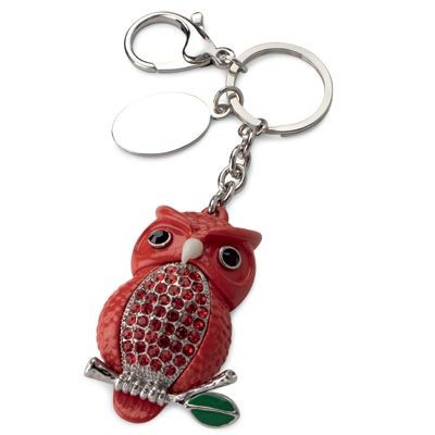 LARGE OWL METAL KEYRING in Red with Crystals