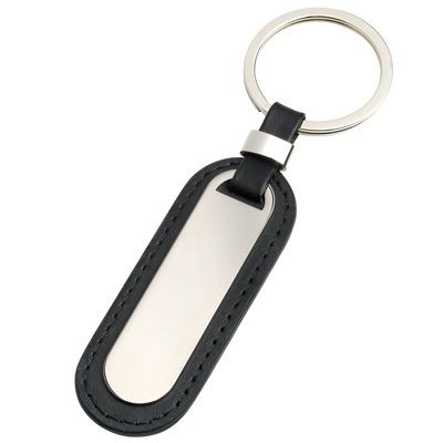 OVAL BLACK IMITATION LEATHER KEYRING with Silver Metal Plate - PROMOTIONAL CORPORATE GIFT