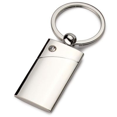 RECTANGLE SILVER CHROME METAL KEYRING with Crystal
