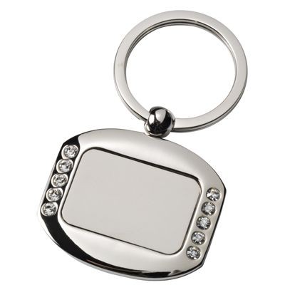 RECTANGULAR METAL KEYRING in Silver with Crystal Decoration