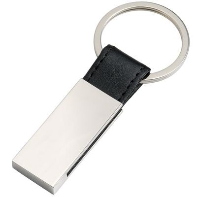 RECTANGULAR SILVER METAL & BLACK IMITATION LEATHER KEYRING