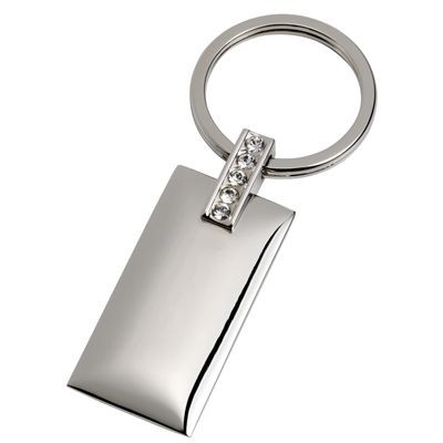 RECTANGULAR SILVER METAL KEYRING with Crystal Decoration