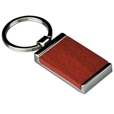 RECTANGULAR WOOD & SILVER CHROME METAL KEYRING