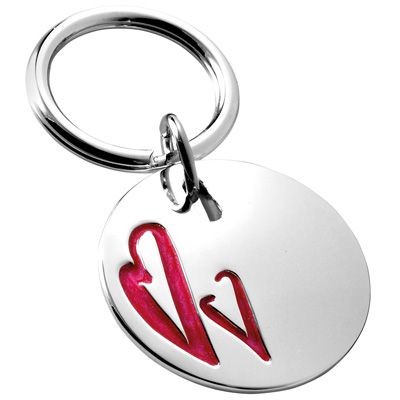 ROUND METAL KEYRING in Silver with Red Hearts