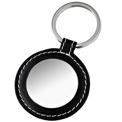 ROUND SILVER CHROME METAL & BLACK LEATHER KEYRING