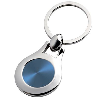 ROUND SILVER METAL KEYRING with Blue Inset Plate