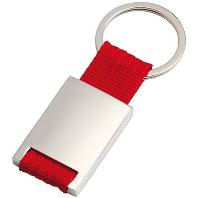SILVER METAL KEYRING with Red Webbing Strap
