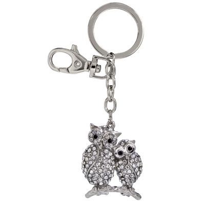 TWO OWLS METAL KEYRING with Crystals