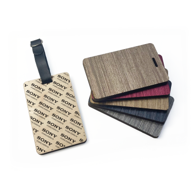 WOOD PLY LUGGAGE TAG - DESIGN 4 - with Black Leatherette Buckle Strap
