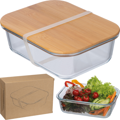 GLASS LUNCH BOX with Bamboo Lid in Clear Transparent