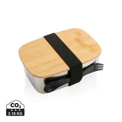 STAINLESS STEEL METAL LUNCH BOX with Bamboo Lid & Spork in Silver