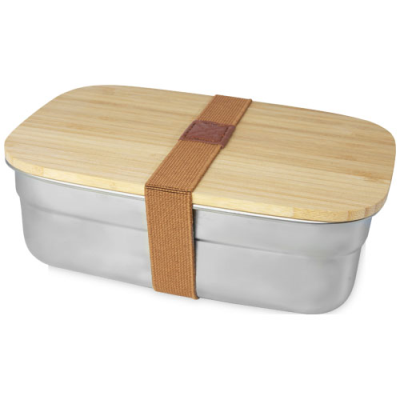 TITE STAINLESS STEEL METAL LUNCH BOX with Bamboo Lid in Natural & Silver