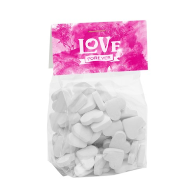 125G BAG with a Card Base & Printed Header Board Filled with Dextrose Heart Mints