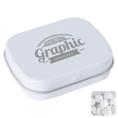FLAT HINGED TIN with Dextrose Mints in White - PROMOTIONAL CORPORATE GIFT