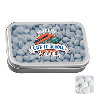 LARGE FLAT HINGED TIN with Dextrose Mints in Silver