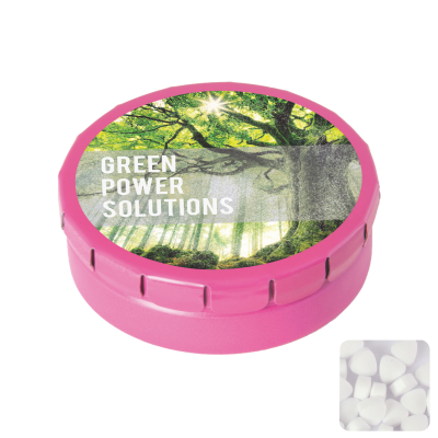 ROUND CLICK TIN with Sugar Free Mints in Pink - PROMOTIONAL CORPORATE GIFT