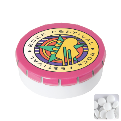 ROUND PLASTIC POT with Metal Lid & Sugar Free Mints in Pink