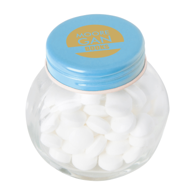 SMALL GLASS JAR with Dextrose Mints in Light Blue