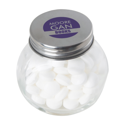 SMALL GLASS JAR with Dextrose Mints in Silver