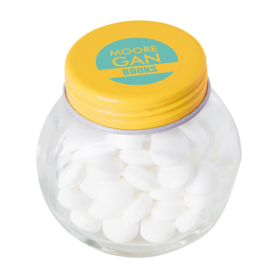 SMALL GLASS JAR with Dextrose Mints in Yellow - PROMOTIONAL CORPORATE GIFT