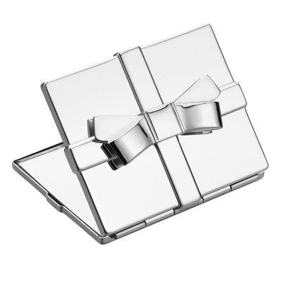 RECTANGULAR METAL LADIES COMPACT MIRROR with Bow in Silver