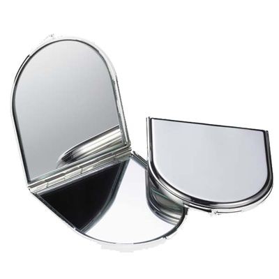 SILVER PLATED METAL ARCH SHAPE DOUBLE COMPACT HANDBAG MIRROR